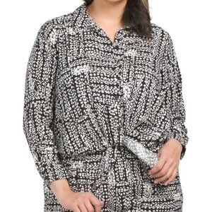 NEW SUNNY LEIGH Plus rayon Linen Blend Tie Front Top Black/White Multi 261tn